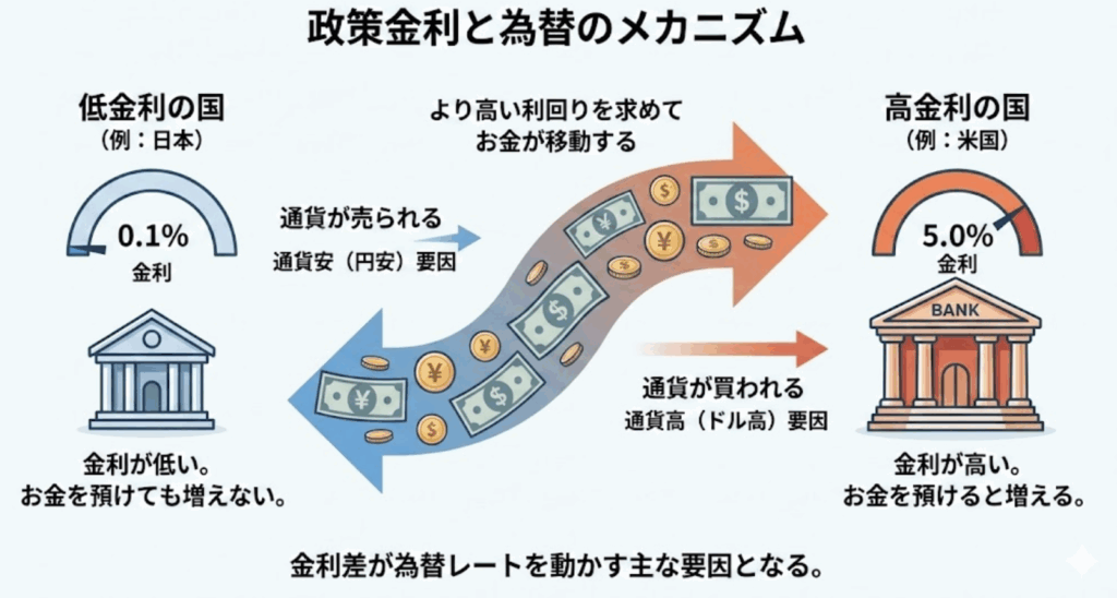 金利のメカニズムの図解イラスト 設定する代替テキスト案: 政策金利と為替変動のメカニズムを図解。低金利国（円安要因）から高金利国（ドル高要因）へ資金が移動する仕組み。
